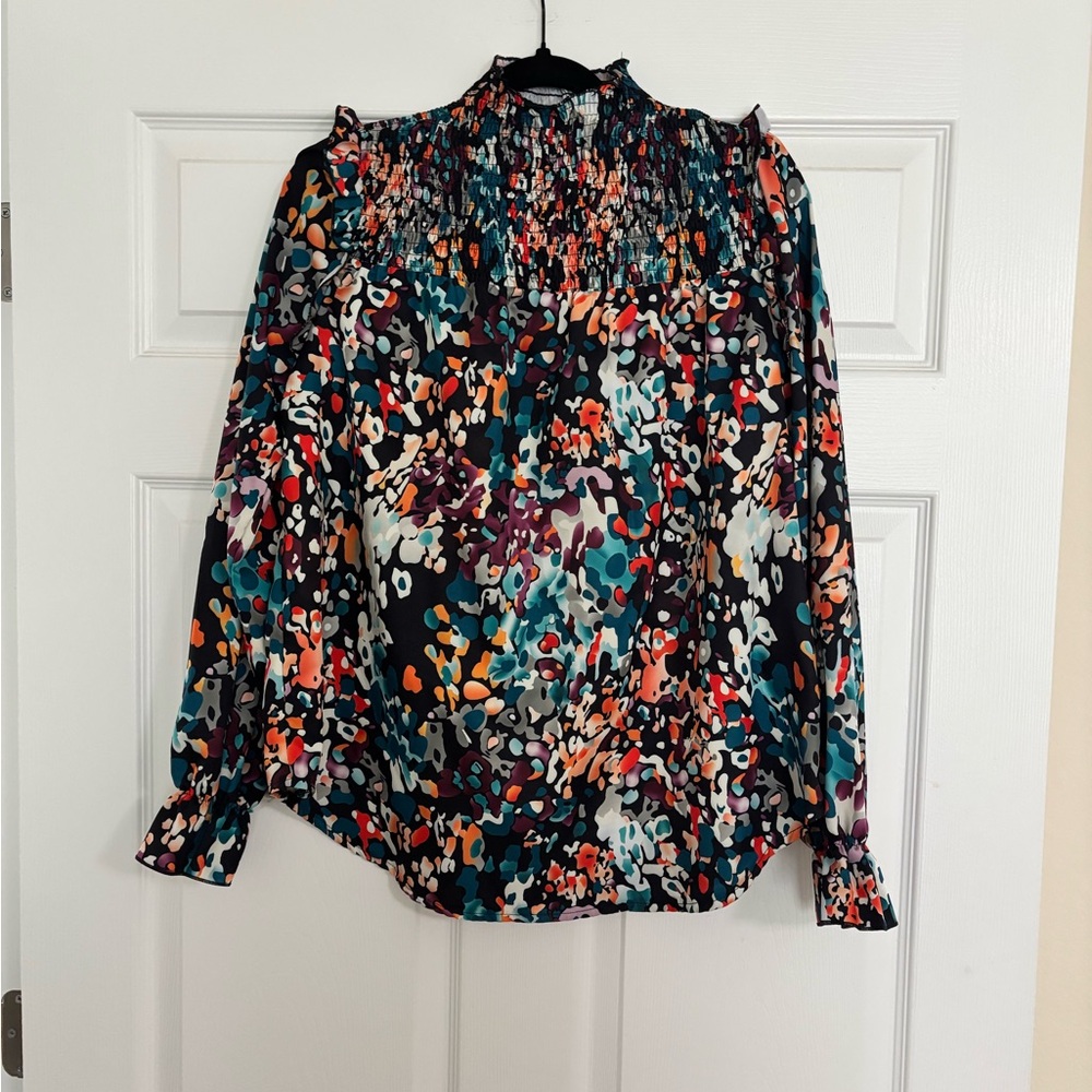 Women’s Black Multi-Color Smocked Neck Blouse